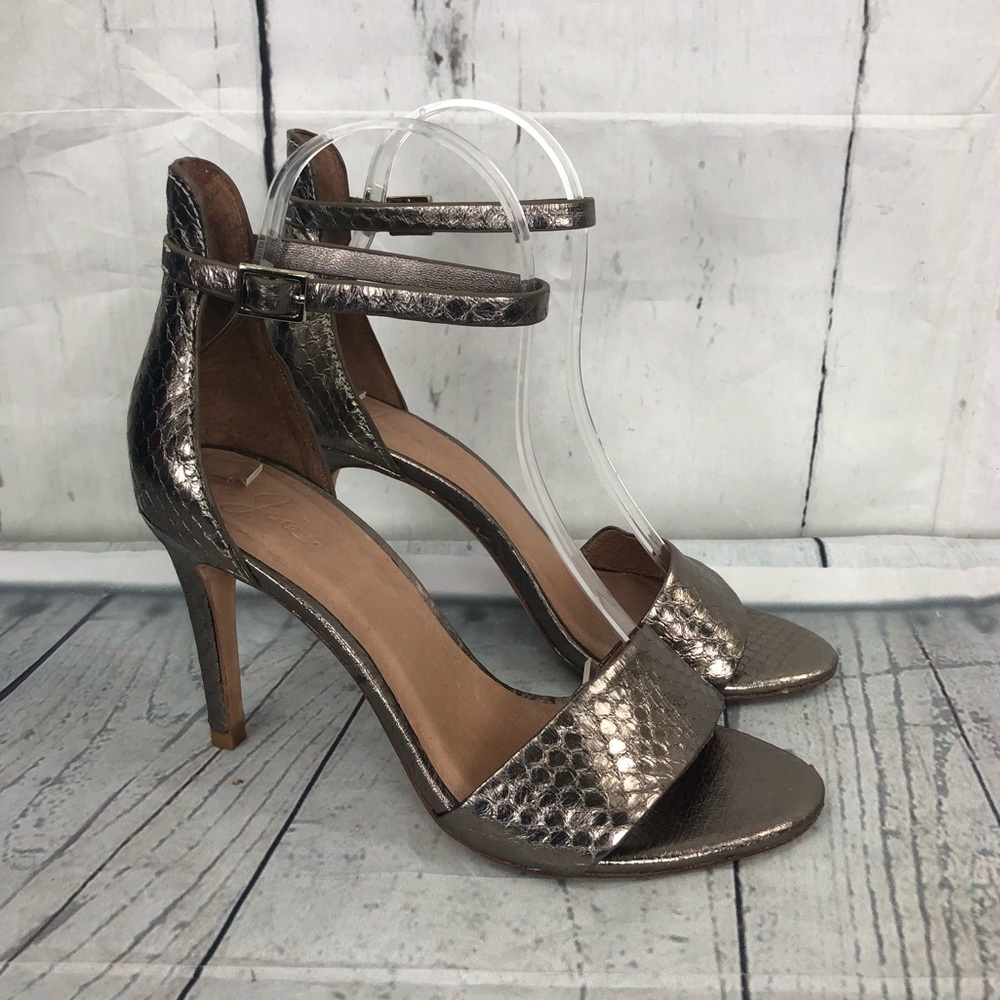 Joie Jaclyn Gunmetal Snakeskin Ankle Strap Open Toe Sandals Heels